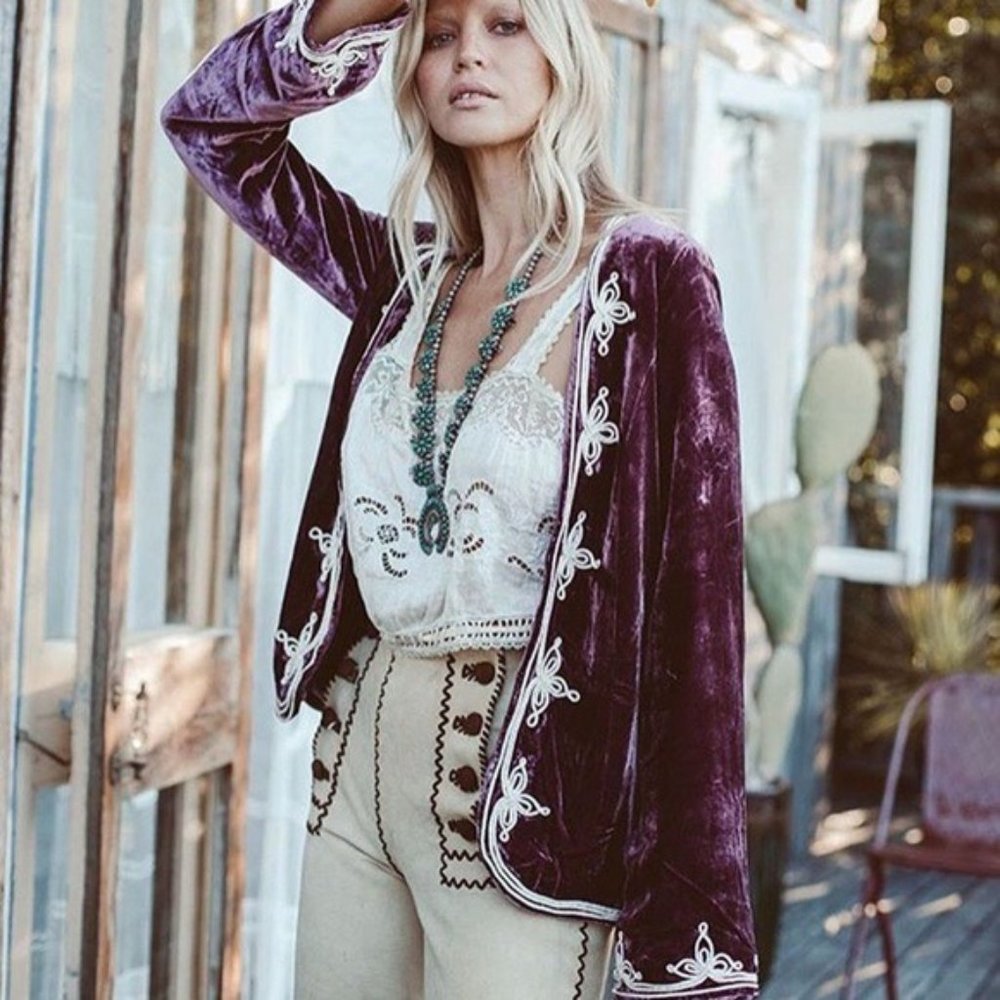 SOLD Chasing Unicorns Little Wing Embroidered Silk Velvet Jacket S Purple Spell